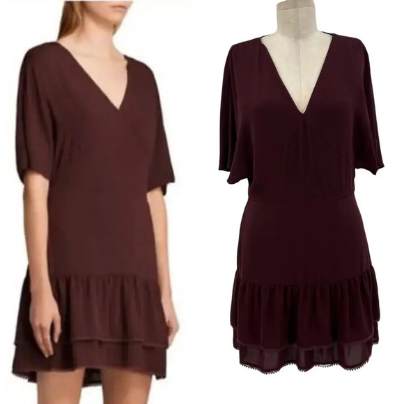 AllSaints Marley Dress V-neck Short Sleeve‎ Mini Ruffle Bordeaux Red Size US 4 - Picture 1 of 13